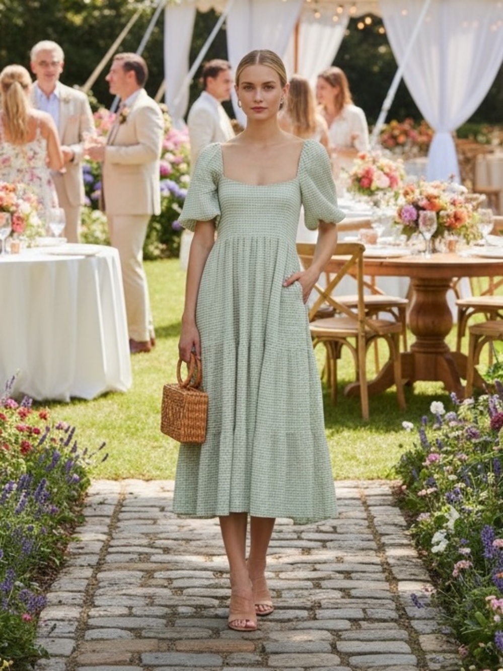 Opt Hera Square-Neck Puff Sleeve Seersucker Tiered Midi Dress Green Stripe Med